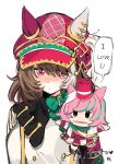  0_0 animal_ears arm_at_side arm_up arms_up black_collar black_eyes brown_hair buttons coat collar commentary_request double-breasted english_text hand_puppet hat highres horse_ears horse_girl long_hair looking_at_viewer marche_lorraine_(racing)_(umamusume) marche_lorraine_(umamusume) musical_note newsboy_cap o_o partially_shaded_face pink_eyes pink_hat puppet purple_hat serious signature singing single_hair_streak speech_bubble stuffed_toy umamusume white_background white_coat white_hair wwhh111813 