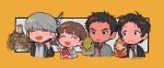  1girl 3boys adachi_tooru animal beard_stubble black_hair black_jacket border brown_hair chibi chibi_only closed_eyes closed_mouth collared_shirt commentary cropped_torso doujima_nanako doujima_ryoutarou facial_hair father_and_child father_and_daughter fish fishing_rod grey_shirt hand_puppet holding holding_animal holding_fish holding_fishing_rod jacket lobster looking_at_another looking_at_object mature_male multiple_boys narukami_yu necktie niru_urin open_clothes open_jacket open_mouth orange_border outside_border parent_and_child persona persona_4 pink_ribbon puppet red_necktie ribbon shirt short_hair short_twintails simple_background smile stubble suit_jacket sweater turtleneck turtleneck_sweater twintails twitter_username untranslatable_commentary white_background white_hair white_shirt 