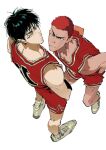  2boys atie1225 basketball_jersey basketball_uniform black_hair buzz_cut closed_mouth commentary frown green_eyes highres looking_at_viewer male_focus multiple_boys red_hair red_shirt red_shorts rukawa_kaede sakuragi_hanamichi shirt shoes short_hair shorts slam_dunk_(series) sleeveless sleeveless_shirt sneakers sportswear standing symbol-only_commentary v-shaped_eyebrows very_short_hair white_footwear 