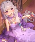  1girl alcohol blush breasts bubble cat cleavage cocktail_glass commentary cup drinking_glass drunk earrings emilia_(re:zero) english_commentary fang flower food fruit gold_earrings grey_cat grey_hair hair_flower hair_ornament highres hoop_earrings indoors jewelry justjast lime_(fruit) lime_slice long_hair looking_at_viewer low_ponytail nightgown open_mouth pointy_ears ponytail puck_(re:zero) purple_eyes purple_nightgown re:zero_kara_hajimeru_isekai_seikatsu single_earring snoring solo squeans tail twitter_username 