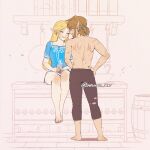  1boy 1girl bare_legs barefoot blonde_hair borrowed_clothes bruise champion's_tunic_(zelda) closed_eyes happy implied_after_sex injury link long_hair monochrome_background morning_after multiple_scars pointy_ears princess_zelda scar scars_all_over scratches sitting smile the_legend_of_zelda the_legend_of_zelda:_breath_of_the_wild topless_male wildstar69 