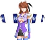  1girl 2000s_(style) blue_thighhighs blush breasts brown_eyes brown_hair card choker cleavage cleavage_cutout clothing_cutout elbow_gloves floating_card game_asset gloves hair_ribbon hayami_mari kourin_tenshi_en_ciel_rena large_variant_set long_hair magical_girl medium_breasts miniskirt non-web_source official_art open_mouth parted_lips playing_card ribbon saitou_natsuki self-datamine shoulder_pads simple_background skirt solo stela_exita tachi-e thighhighs transparent_background underboob variant_set zettai_ryouiki 