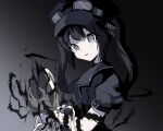  1girl bandaged_arm bandages black_choker black_hair black_hat black_jacket black_ribbon choker commentary_request goggles goggles_on_headwear gradient_background grey_eyes hair_ornament hat highres jacket kurobe_nanoka long_hair looking_at_viewer mahou_shoujo_no_majo_saiban neck_ribbon nobuo_gotou ribbon simple_background smile twintails upper_body 