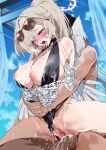  1boy 1girl absurdres after_sex after_vaginal angel_wings black_one-piece_swimsuit blue_archive blue_sky breasts brown_eyes brown_hair censored commentary_request cum cum_in_pussy eyewear_on_head grabbing_from_behind halo hetero highres indoors jewelry kurotsuki_machi large_breasts long_hair mosaic_censoring nagisa_(blue_archive) nagisa_(swimsuit)_(blue_archive) necklace nipples official_alternate_costume one-piece_swimsuit pearl_necklace penis ponytail reverse_suspended_congress saliva sky sunglasses swimsuit tongue tongue_out torogao very_long_hair wings 