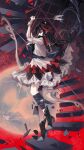  1girl absurdres arrow_(projectile) arrow_print black_boots black_hair boots bow_(weapon) commentary_request cone_horns dress from_side full_body high_heels highres horns kijin_seija multicolored_hair red_eyes red_streaks small_horns solo stairs standing streaked_hair touhou weapon white_dress white_horns white_streaks zerocf155 