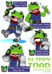 amphibian anthro baseball_cap big_tongue blue_clothing blue_eyes bodily_fluids boots bracelet clothing confoozledfox countershade_jaw crying dialogue electronics english_text fingerless_gloves flight_jacket footwear frog gloves green_body grey_clothing handwear hat headgear headphones headset headwear hi_res holding_object holding_tool holding_wrench jewelry male nintendo open_mouth open_smile pink_tongue pixel_font shoes slippy_toad smile solo star_fox tears text toad_(frog) tongue tools wide_mouth wrench