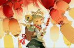  1girl bangs bell blunt_bangs braid brown_bag flower food genshin_impact green_hair hair_bell hair_flower hair_ornament highres holding holding_food lantern long_sleeves looking_at_viewer open_mouth paper_lantern puffy_long_sleeves puffy_sleeves red_eyes red_flowers smile yaoyao_(genshin_impact) 