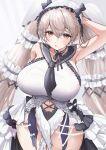  1girl absurdres ash_(cat7evy) azur_lane black_choker black_ribbon black_sailor_collar bow breasts brown_hair choker clothing_cutout cowboy_shot dress dress_bow dress_flower feather_dress formidable_(azur_lane) formidable_(timeless_classics)_(azur_lane) gigantic_breasts hair_ornament hand_in_own_hair highres long_hair looking_at_viewer navel_cutout official_alternate_costume red_eyes ribbon sailor_collar sleeveless sleeveless_dress solo two-tone_dress two-tone_ribbon veil very_long_hair 