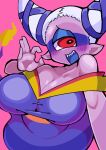 1_eye 2023 5_fingers asian_mythology big_breasts blue_eyelids blue_markings blue_mouth blue_tongue blush blush_lines breasts cleavage clothed clothing collarbone digital_media_(artwork) east_asian_mythology female female_humanoid fingers gesture hair heart_pupils heart_symbol hi_res huge_breasts humanoid humanoid_pointy_ears insomni japanese_mythology kodoku_gumo level-5 looking_aside markings mythology not_furry open_mouth open_smile pink_background pointy_ears pupils purple_blush purple_body purple_breasts purple_ears purple_skin red_eyes shaded sharp_teeth simple_background smile solo spirit teeth tongue white_hair white_sclera yo-kai_watch yokai