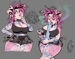 angelbite_piercing anthro arm_tattoo athletic_wear belly_tattoo big_breasts bong bottomwear breasts bridge_piercing chest_tattoo cleavage clothed clothing collar crop_top curled_tail domestic_pig drugs ear_piercing ear_tuft eyes_closed facial_piercing female gauged_ear gym_bottomwear gym_shorts hair half-closed_eyes hi_res leg_tattoo lip_piercing mammal marijuana narrowed_eyes nonbinary_(lore) nose_piercing nose_ring open_mouth open_smile piercing pink_body pink_hair pink_sclera pink_skin puppi_(sparkibarki) ring_piercing shirt shorts smile smoking smoking_marijuana sparkibarki stud_piercing suid suine sus_(pig) tail tail_tuft tattoo thick_thighs thigh_tattoo topwear tuft wide_hips