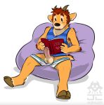 2026 anthro armpit_hair ball_tuft balls bean_bag black_nose blue_clothing blue_shirt blue_tank_top blue_topwear body_hair clothed clothing digital_drawing_(artwork) digital_media_(artwork) english_description erection fur genitals hair hi_res holding_magazine hooved_toes hooves horn humanoid_genitalia humanoid_hands humanoid_penis jack_(jackaloo) jackaloo looking_at_magazine looking_at_object looking_at_porn magazine male orange_body orange_fur pantsless_anthro pantsless_male partially_clothed pattern_clothing pattern_shirt pattern_tank_top pattern_topwear penis pornography red_hair shirt simple_background sitting_on_bean_bag solo spread_legs spreading striped_clothing striped_shirt striped_tank_top striped_topwear stripes tail tank_top topwear tuft underwear underwear_down white_background white_clothing white_underwear