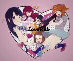  5girls asami_(space_neko) black_hair blue_skirt blush brown_hair cherry_print copyright_request english_text enomoto_yuiko food_print glasses gun heart holding holding_gun holding_weapon kurahashi_riko long_hair love_lab maki_natsuo mizushima_sayori multiple_girls open_mouth orange_hair plaid purple_shirt red_hair shirt short_hair short_sleeves short_twintails skirt t-shirt tanahashi_suzune twintails weapon 