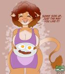  2021 afro anthro apron apron_only bacon big_breasts blush bovid bovine breakfast breasts brown_body brown_fur brown_hair cattle clothing digital_drawing_(artwork) digital_media_(artwork) ear_piercing ear_ring eyes_closed female food front_view fur hair hi_res mammal meat mostly_nude piercing ring_piercing solo solo_focus sudsypup sunny_(sudsypup) sunny_side_up_egg tail tail_tuft text tuft wide_hips 