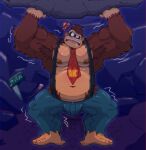 accessory ape armpit_hair biceps body_hair brown_body brown_fur donkey_kong_(character) donkey_kong_(series) effort expressive fur gorilla haplorhine hi_res imminent_crush impending_doom interrobang kemono lifting male mammal musclegut muscular muscular_male navel necktie nintendo nipples primate rallymoon rock standing struggling suspenders