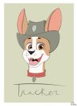  2021 canid canine canis clothing collar cowboy_hat domestic_dog ears_up fangs feral hat headgear headshot_portrait headwear hi_res jimfoxx looking_at_viewer male mammal open_mouth paw_patrol portrait signature smile smiling_at_viewer solo teeth text tongue tracker_(paw_patrol) wide_eyed 