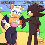 1:1 anthro bat big_breasts breasts chaos_emerald clothed clothing dialogue duo english_text eulipotyphlan female front_view gem gloves handwear hedgehog hi_res male mammal open_mouth outside oz_the_freak rear_view rouge_the_bat sega shadow_the_hedgehog sonic_the_hedgehog_(series) tail text wings