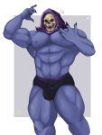 2026 3:4 abs biceps black_clothing black_underwear blue_body bone bulge clothed clothing digital_media_(artwork) hi_res humanoid male masters_of_the_universe mattel muscular muscular_humanoid muscular_legs muscular_male navel nipples not_furry obliques pecs purple_hood skeletor skull skull_head solo thvnderoll underwear
