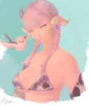 2021 animal_humanoid animal_print animal_print_bikini au_ra avian bikini bird braided_hair bust_portrait clothing cow_print cow_print_armwear cow_print_bikini digital_media_(artwork) digital_painting_(artwork) duo feathered_wings feathers female feral final_fantasy final_fantasy_xiv flying hair horn humanoid light_body light_skin mighty-whydah painting_(artwork) pattern_bikini pattern_clothing pattern_swimwear pigtails pink_hair portrait scalie simple_background solo_focus square_enix swimwear two-piece_swimsuit wings yellow_eyes