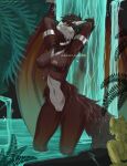 absurd_res accessory albtraumwach anthro arm_tuft big_breasts black_markings black_nose breasts cheek_tuft choker dragon duo elbow_tuft eyes_closed facial_tuft fangs female fern fluffy fluffy_tail fur genitals hair hi_res horn jewelry leaf looking_at_another macro macro_anthro macro_female male markings melee_weapon multicolored_body multicolored_fur mythological_creature mythological_scalie mythology nature nature_background neck_tuft necklace nipples nude nude_anthro nude_female peeping pikat pink_nipples polearm red_body red_fur scalie spear tail teeth tuft vulva water waterfall weapon wet wet_body wet_fur white_body white_fur white_horn yellow_body yellow_fur