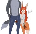  2023 absurd_res anthro anthro_on_anthro blulesnsfw bodily_fluids bottomwear bulge canid canine canis clothed clothing duo erection erection_under_clothing faceless_anthro faceless_character faceless_male female fox fur genital_outline grey_body grey_fur hi_res larger_male looking_down male male/female mammal orange_body orange_fur pants penis_outline simple_background size_difference smaller_female sweat topless topless_anthro topless_male white_background wolf 