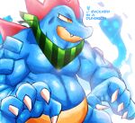 2026 anthro blue_body claws clothed clothing colored colored_line_art crocodilian digital_drawing_(artwork) digital_media_(artwork) elemental_manipulation felipotyphlosion feraligatr generation_2_pokemon green_kerchief hi_res kerchief kerchief_only light lighting male moobs muscular muscular_anthro muscular_male neck_accessory neckwear neckwear_only nintendo partially_clothed partially_clothed_anthro partially_clothed_male pecs pokemon pokemon_(species) pokemon_mystery_dungeon red_body reptile scalie simple_background solo spike_chunsoft tan_body teeth text water_manipulation white_background yellow_eyes