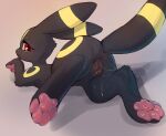 anus black_body black_fur bodily_fluids butt eeveelution feet female feral fur generation_2_pokemon genital_fluids genitals hi_res humanoid_genitalia humanoid_vulva looking_at_viewer looking_back looking_back_at_viewer lunargent markings nintendo pawpads pokemon pokemon_(species) presenting presenting_hindquarters red_eyes solo tail tail_markings umbreon vaginal_fluid_string vaginal_fluids vulva yellow_markings