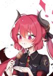  1girl blue_archive crying crying_with_eyes_open dango demon_horns demon_wings eating food full_mouth horns iantern junko_(blue_archive) pointy_ears purple_eyes red_hair skewer tears twintails wagashi wings 