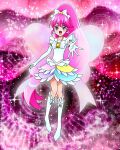  1girl aino_megumi bangs boots bow cure_lovely cure_lovely_(innocent_form) earrings elbow_gloves full_body gloves happinesscharge_precure! heart heart_earrings highres huge_bow jewelry long_hair official_art open_mouth pink_eyes pink_hair precure precure_connection_puzzlun smile solo third-party_source white_bow white_footwear white_gloves 