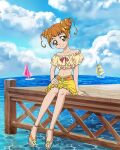  1girl bangs beach brown_eyes brown_hair crop_top dokidoki!_precure drill_hair highres midriff official_art precure precure_connection_puzzlun sandals sitting skirt smile solo third-party_source twin_drills yellow_skirt yotsuba_alice 