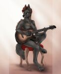 2021 acoustic_guitar anthro areola black_body black_fur breasts canid canine canis chair claws digital_media_(artwork) domestic_dog female finger_claws fur furniture german_shepherd guitar herding_dog hi_res highlights_(coloring) looking_aside mammal musical_instrument neck_tuft nipples nude nude_anthro nude_female on_chair pastoral_dog pawpads paws playing_guitar playing_music plucked_string_instrument pointy_ears prick_ears red_highlights s00t signature simple_background sitting sitting_on_chair solo string_instrument tail toe_claws tuft yellow_eyes