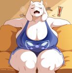 anthro big_breasts blush bodily_fluids boss_monster_(undertale) bottomwear bovid breasts breath caprine clothing curvy_figure cute_fangs eyes_closed fangs female front_view fur furniture goat heat_(temperature) hi_res hoodie_stalker horn huge_breasts mammal mature_female nipple_outline open_mouth panting scientific_instrument shirt shorts sitting sofa solo sweat sweatdrop sweaty_body sweaty_breasts sweaty_clothing tank_top teeth thermometer thick_thighs topwear toriel undertale_(series) voluptuous white_body white_fur wide_hips