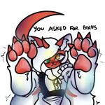 1:1 2026 2_horns 4_toes abby_(ballad) absol absurd_res ambiguous_gender anthro blush blush_lines claws clothing english_text fan_character feet foot_focus generation_3_pokemon generation_7_pokemon green_eyes hair heterochromia hi_res horn hybrid inner_ear_fluff leg_markings maid_uniform male_(lore) markings mjinoct1 nintendo pawpads paws pink_pawpads pokemon pokemon_(species) red_claws red_ears red_horn red_markings salazzle simple_background solo text toes tuft uniform white_background white_body white_hair white_inner_ear white_inner_ear_fluff yellow_eyes