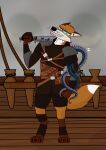  absurd_res anthro armor black_nose blue_eyes canid canine claws ear_markings fox glowing glowing_eyes grey_background hi_res inner_ear_fluff kojot_fox_(artist) kraken leather leather_armor likoyt_redfur_(character) male mammal melee_weapon multicolored_body rope sharp_teeth ship_deck simple_background solo straps_across_chest sword tail teeth tentacles throwing_knife tuft two_tone_body water_drop weapon whiskers 