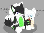 4:3 albino_arctic_wolf animal_genitalia animal_penis anthro arctic_wolf big_penis black_body bodily_fluids canid canine canis colored_genitals domestic_cat duo felid feline feline_genitalia feline_penis felis femboy genital_fluids genitals hi_res huge_penis kyopikoto kyopikoto_(kyopikoto) leaking_precum male male/male mammal penis precum text white_body wolf zeon_(magicatto)