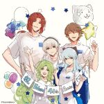  2boys 3girls :d ^_^ alternate_costume animal_ears arm_up black_hairband blue_hair brown_hair cat_ears closed_eyes closed_mouth eiyuu_densetsu elie_macdowell fake_animal_ears green_eyes green_hair grey_hair grin hairband highres kea_(eiyuu_densetsu) lloyd_bannings long_hair looking_at_viewer low_ponytail miche_(locominima) mishy multiple_boys multiple_girls open_mouth randolph_orlando shirt short_sleeves sketch smile t-shirt tio_plato twitter_username white_background white_shirt yellow_eyes zero_no_kiseki 