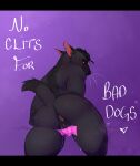 andromorph anthro anus black_body black_fur black_hair black_nose butt english_text fur genitals hair heart_symbol hi_res intersex leaking_vagina letterbox looking_at_viewer looking_back looking_back_at_viewer notched_ear nude_andromorph nude_anthro pink_anus pink_inner_ear pink_vulva purple_background pussy_tape red_eyes riley_(vannthunder) simple_background solo tail tape text trans_(lore) trans_man_(lore) vannthunder vulva