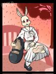 5_toes anthro beastars belt bench blarf022 blush blush_lines bodily_fluids body_blush bottomwear clothing eyelashes feet female foot_blush foot_fetish foot_focus footwear haru_(beastars) hi_res holding_clothing holding_footwear holding_object holding_socks insole lagomorph leporid long_skirt mammal nervous nervous_smile paw_imprint pink_background pink_bench pink_grass pink_tree plant rabbit red_eyes sailor_uniform school_uniform shoe_removal simple_background skirt smelly smelly_feet smelly_shoes smelly_socks socks socks_removed solo stink_fumes sweat sweatdrop tan_body toes tree uniform white_clothing
