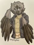  anthro avian bird clothing grey_body grey_clothing grey_eyes grey_hair grey_topwear grey_vest hair hi_res male owl shirt solo topwear very_dodgy_artist vest wings yellow_clothing yellow_shirt yellow_topwear 