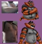 anthro belly big_belly black_nipples camp14 flexing generation_7_pokemon green_eyes grin hi_res human incineroar looking_at_viewer male mammal moobs musclegut muscular nintendo nipples nude pink_nose pokemon pokemon_(species) reference_image smile smirk solo standing yellow_sclera