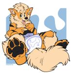1:1 2026 4_fingers 4_toes absurd_res ambiguous_gender anthro arcanine black_body black_claws black_finger_claws black_fur black_nose black_pawpads black_stripes black_toe_claws claws clean_diaper clothed clothing diaper diaper_only fangs feet finger_claws fingers full-length_portrait fur generation_1_pokemon hi_res multicolored_body multicolored_fur nintendo open_mouth open_smile orange_body orange_ears orange_fur pawpads pink_inner_ear pokemon pokemon_(species) portrait reid_(dogbutwithfire) signature simple_background sitting smile smokeyaussie solo striped_body striped_fur stripes tail tan_body tan_fur tan_inner_ear tan_tail teeth three-quarter_view toe_claws toes tongue tongue_out topless wearing_diaper