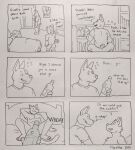 2026 6_panel_comic anthro bed bedroom biped blush bottle bubble canid canine canis clothed clothing comic container crouching dialogue domestic_dog drunk drunk_bubble duo english_text flugeldog furniture hi_res holding_bottle holding_container holding_object inside male male/male male_anthro mammal nude nude_anthro nude_male on_bed standing substance_intoxication tail text traditional_media_(artwork)