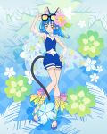  1girl animal_ears bangs blue_hair braid cat_ears cat_girl cat_tail eyewear_on_head flower hair_flower hair_ornament hand_on_hip highres long_hair official_art orange_eyes pink_flower precure precure_connection_puzzlun sandals smile solo star_twinkle_precure sunglasses tail third-party_source twin_braids yuni_(precure) 