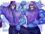 2026 abs accessory athletic_wear belt biceps black_bottomwear black_clothing black_pants blue_body bone bottomwear clock clothed clothing clothing_lift coffee_cup container cup deltoids digital_media_(artwork) gym_bottomwear gym_shorts hi_res hoodie hoodie_lift humanoid male masters_of_the_universe masters_of_the_universe_(2026) mattel multiple_poses muscular muscular_humanoid muscular_male navel necktie not_furry office_clothing pants pattern_clothing pattern_shirt pattern_topwear pose purple_clothing purple_hood purple_hoodie purple_necktie purple_shirt purple_topwear r17uwu red_eyes shirt shorts skeletor skull skull_head solo striped_clothing striped_shirt striped_topwear stripes topwear triceps watch