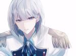  1boy 91_1tada bangs blue_eyes blue_shirt blunt_bangs closed_mouth coat collared_shirt epaulettes expressionless hanabusa_atsukage looking_at_viewer male_focus shirt sketch solo white_background white_coat white_hair wind_boys! 