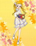  1girl apple basket blonde_hair dress food fruit full_body grapes hair_ornament hair_scrunchie highres kasugano_urara_(yes!_precure_5) long_hair official_art open_mouth pear plaid plaid_dress precure precure_connection_puzzlun scrunchie short_bangs smile solo third-party_source twintails white_footwear yellow_eyes yes!_precure_5 