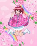  1girl aino_megumi bag bangs boots bow full_body hair_bow happinesscharge_precure! highres jumping long_hair official_art open_mouth pink_bow pink_eyes pink_hair ponytail precure precure_connection_puzzlun raincoat rubber_boots skirt smile solo third-party_source white_skirt 