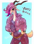 antelope anthro bovid brown_eye clothing disney female gazelle gazelle_(zootopia) hair hair_dye hair_over_eye hands_on_hips hi_res jacket japanese_text looking_at_viewer looking_forward mammal pink_hair purple_clothing purple_jacket purple_topwear sakasharo shadow simple_background solo text topwear translation_request zootopia