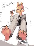 5_toes accessory anthro barefoot blush blush_lines business_suit canid canine clothed clothing diane_foxington dreamworks dress_pants feet feet_on_desk feet_up female foot_fetish foot_focus foot_on_table fox fur furniture grey_clothing hi_res holding_object holding_pen humanoid_feet jacket lyapotisha mammal necktie orange_body orange_fur pen plantigrade shirt simple_background sitting soles solo suit table the_bad_guys toes topwear white_background