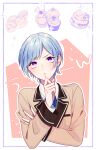  1boy blazer blue_hair blue_necktie border brown_jacket cake collared_shirt cookie crossed_arms cupcake deconatade finger_to_own_chin food highres jacket light_blue_hair male_focus multicolored_background necktie pink_background pink_border purple_eyes shirt solo suzushiro_ikuzo thinking white_background white_shirt wind_boys! 