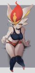 absurd_res anthro athletic_wear big_breasts bottomwear bra breasts cinderace claws clothing eyeliner female fur generation_8_pokemon gym_bottomwear gym_shorts hi_res hotpants lagomorph looking_at_viewer makeup mammal nintendo orange_eyes pokemon pokemon_(species) red_body red_fur shorts solo sports_bra underwear white_body white_fur yos_ev666